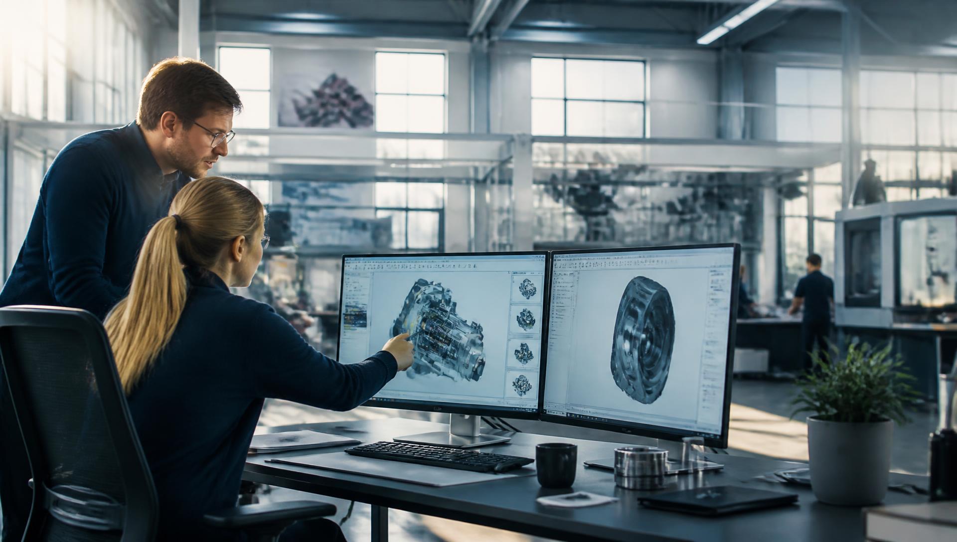 Ingenjörer granskar 3D-modeller i en tillverkningsmiljö